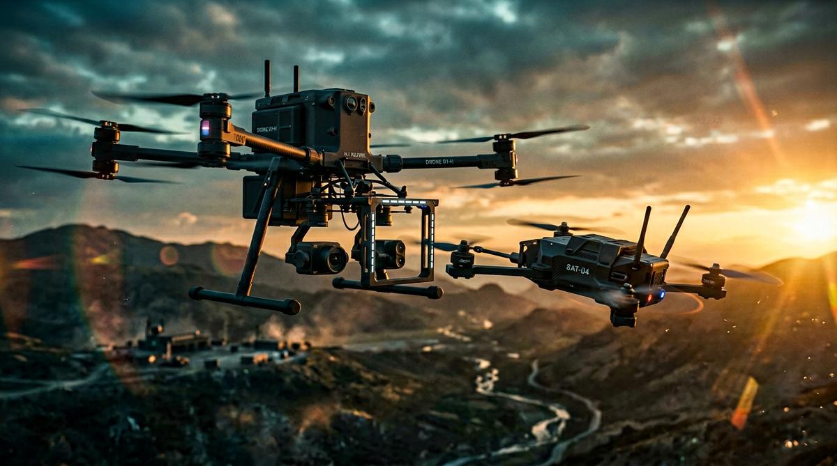 Two military-grade drones approaching for mid-air docking at sunset