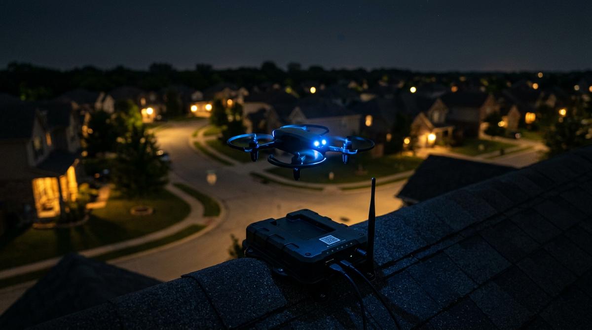 Security drone launching from rooftop at night over suburban neighborhood